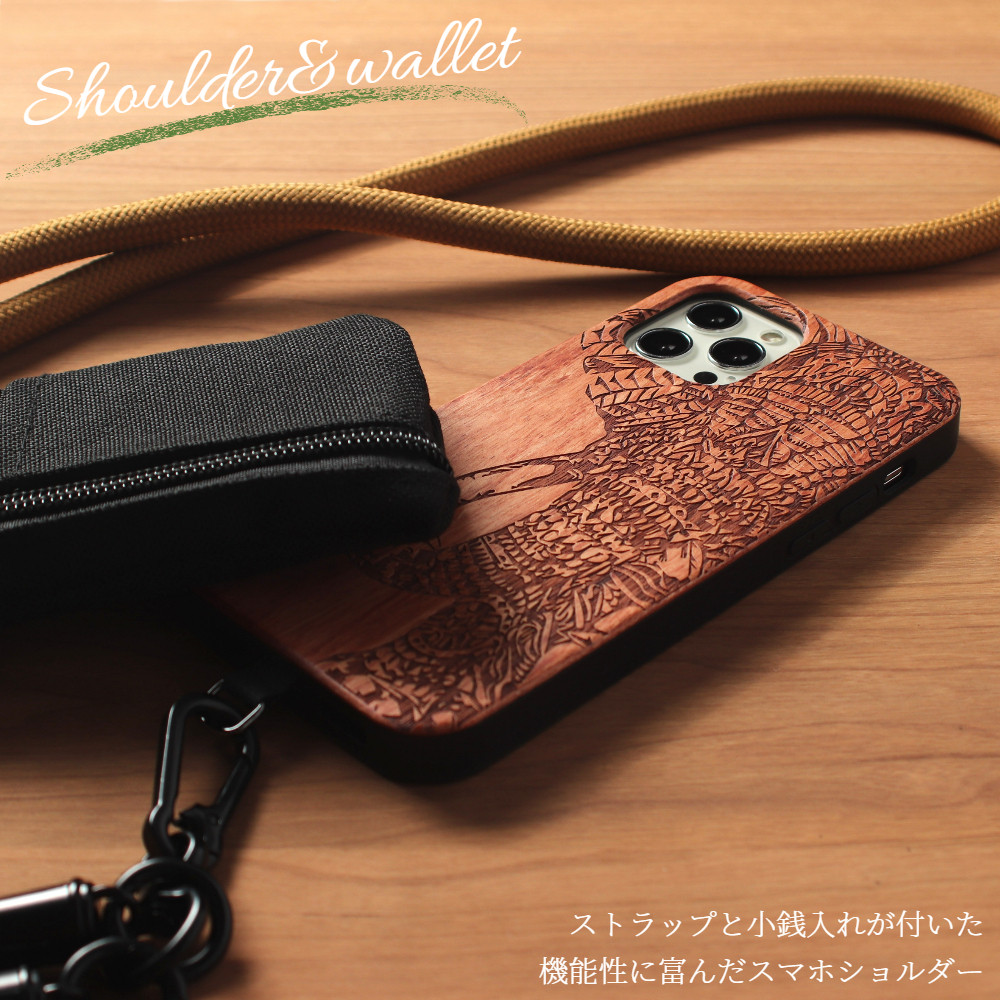 木製 iPhoneSE ケース ショルダー ストラップ SE2 8 7 小銭入れ アニマル お財布 肩掛け アウトドア