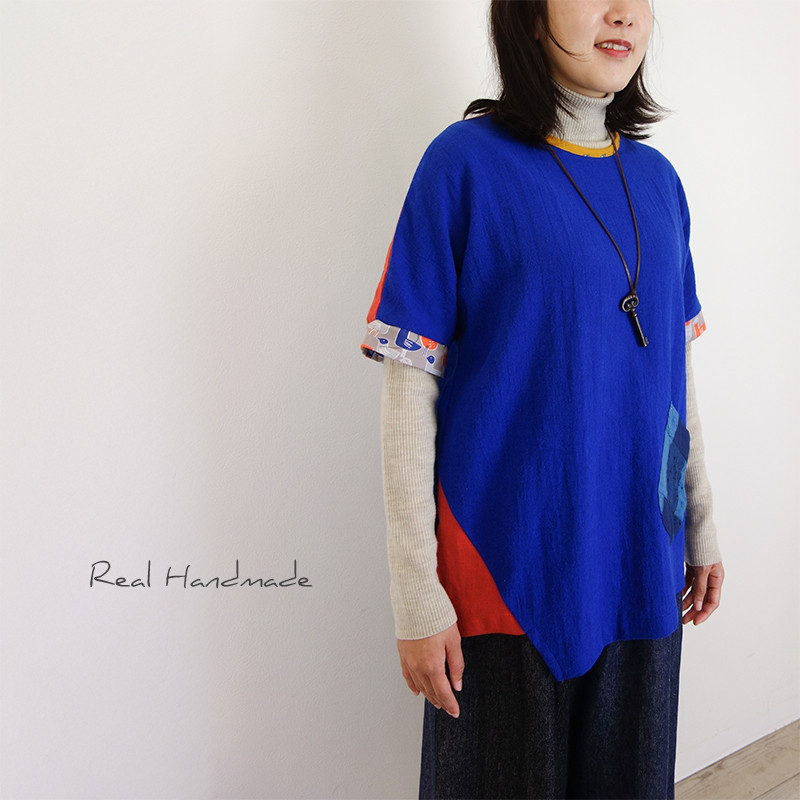 [予約販売] ロイヤルブルーとオレンジリネン北欧風パッチアシメトリープルオーバー