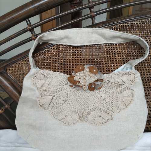 ワンハンドル リネンバッグ コサージュ レース編み付き ショルダー  