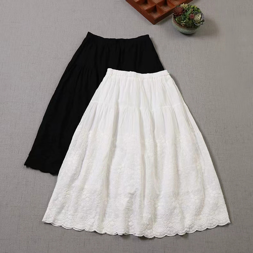 コットン100%☆3色レーススカート☆刺繡】重ね着│Aライン│静電気
