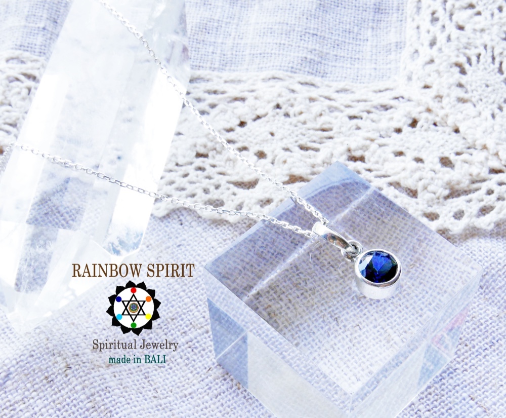 ✼プラチナ加工✼ ブルーサファイア/6mm/9月誕生石༺バリ島の僧侶の祈祷＆浄化❥ヒーリングネックレス༻誕生日/出産祝い