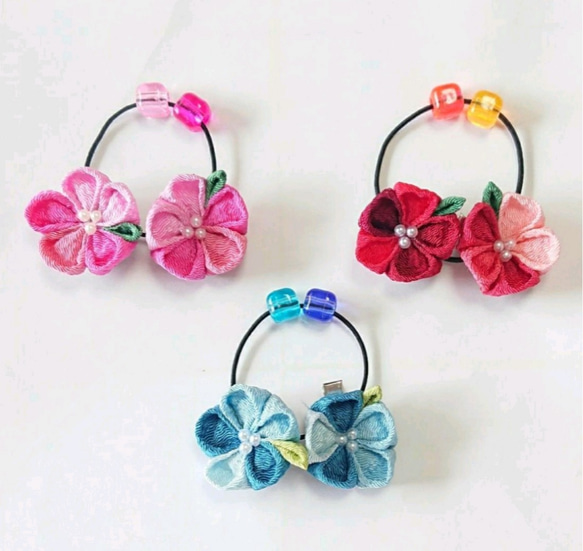 《再販》♡人気♡【ヘアゴム&髪留め♡２点セット】 ♡ヘアゴム・髪留め追加購入可♡　つまみ細工　赤/青/ピンク 7枚目の画像