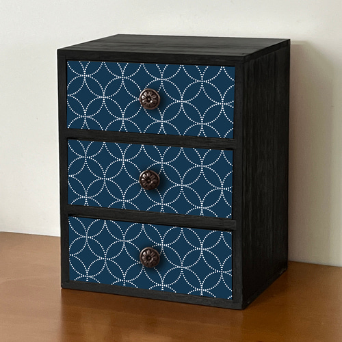 木製 レトロ 和風 和柄 引き出し 小物入れ 3段チェスト -七宝つなぎ 青