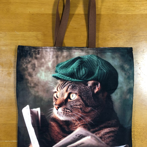 猫柄 ハンドメイド ぺたんこBigトートバッグ 本を読むネコ トート 
