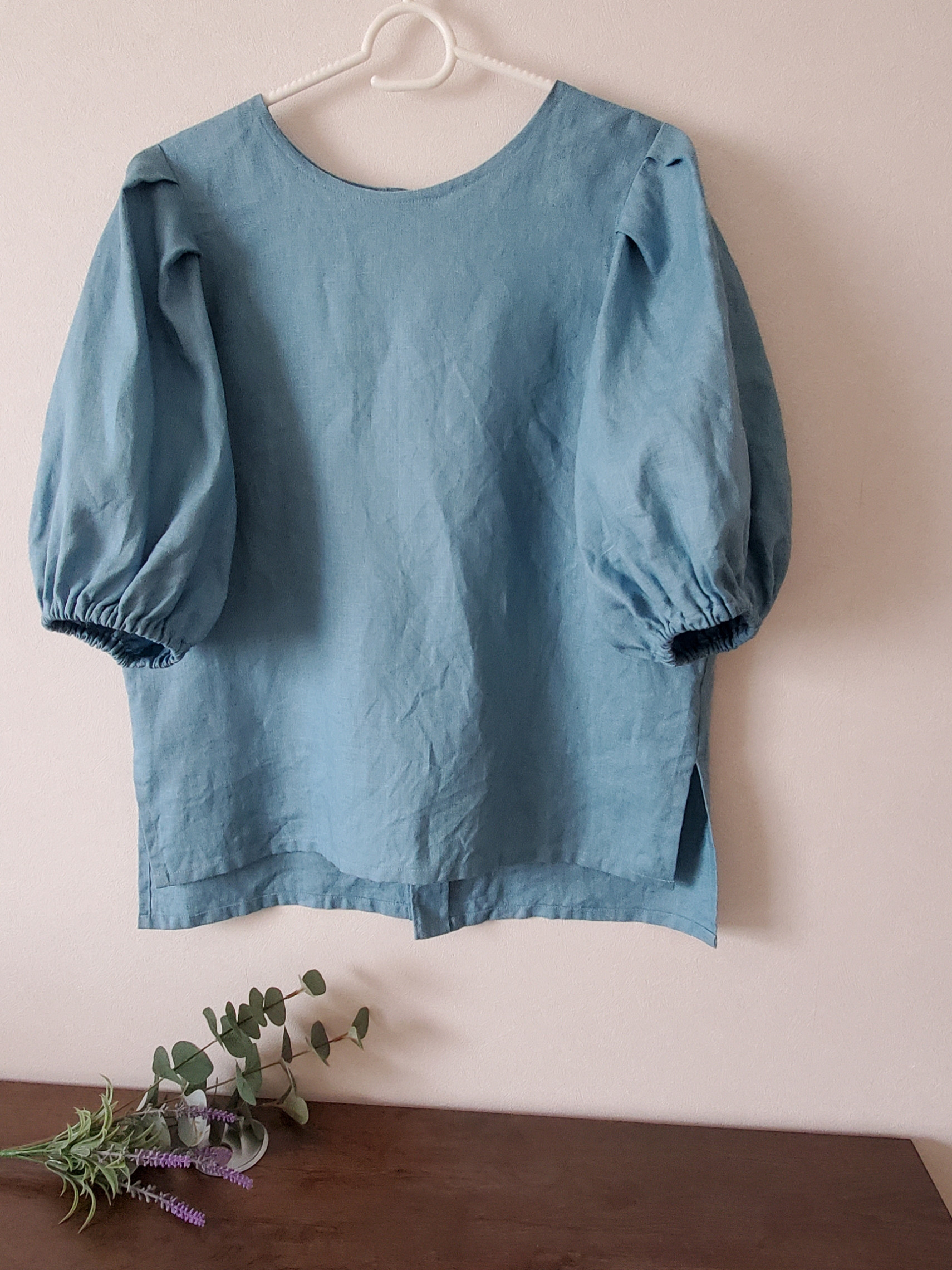 【新作】パフスリーブブラウス【ヨーロピアンリネン/ミントブルー】　リネン/パフスリーブ/夏ブラウス/よそいきリネン/