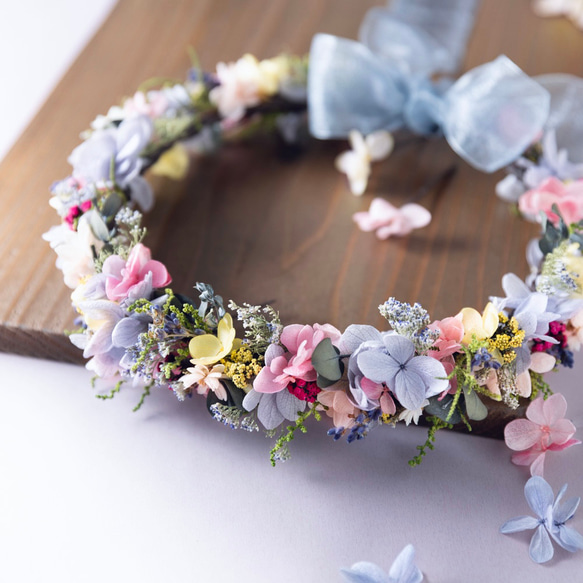 ラベンダー紫陽花と小花のふんわり花冠 ヘッドドレス（ウェディング 
