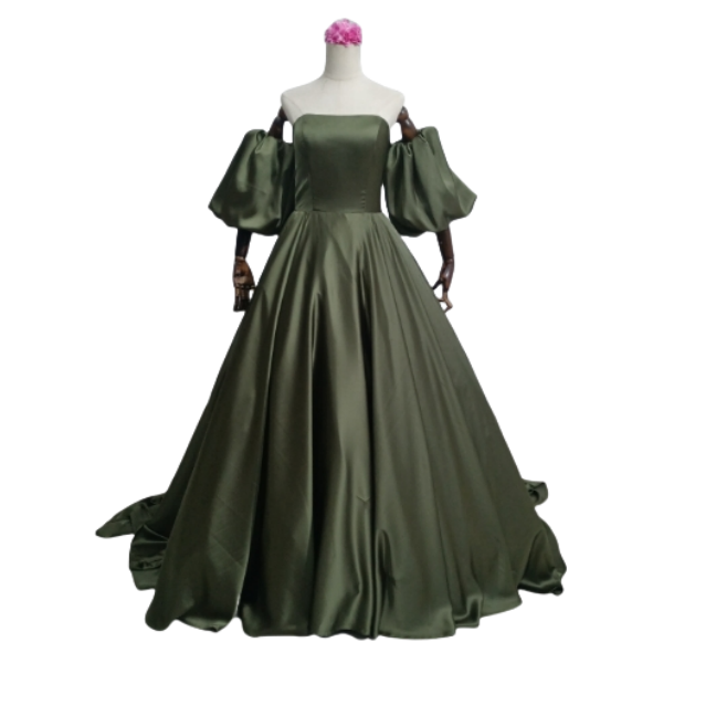 パーティードレス パフスリーブ ビスチェドレス 深めな緑 トップス+スカート 結婚式 前撮り