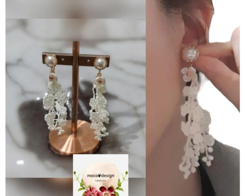 No.26【値下】レース花ホワイトタッセルピアス（イヤリング変更可 