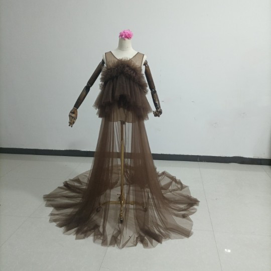 送料無料 ！上品！茶  チュールドレス ソフトチュール カラードレスオーバースカート