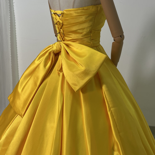 人気上昇！カラードレス イエロー ふっくら柔らかなバックリボン v光沢  