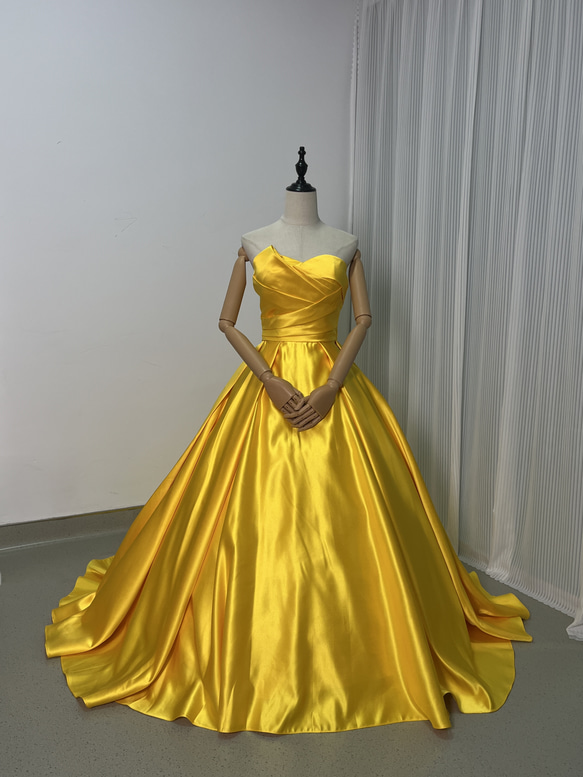 人気上昇！カラードレス イエロー ふっくら柔らかなバックリボン v光沢  