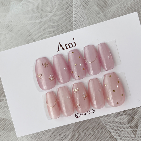 ネイルチップ＊リボンミラー ドット ピンク ゴールド enoiマグネット  