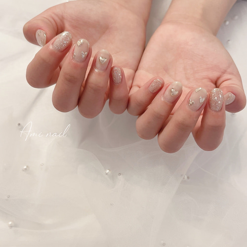 ネイルチップ＊ぷっくりミラーハート シャンパンゴールド ホワイト