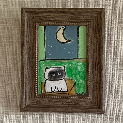 絵画。原画手描き【シャム猫は庭で美しい花を楽しむのが好きだ】