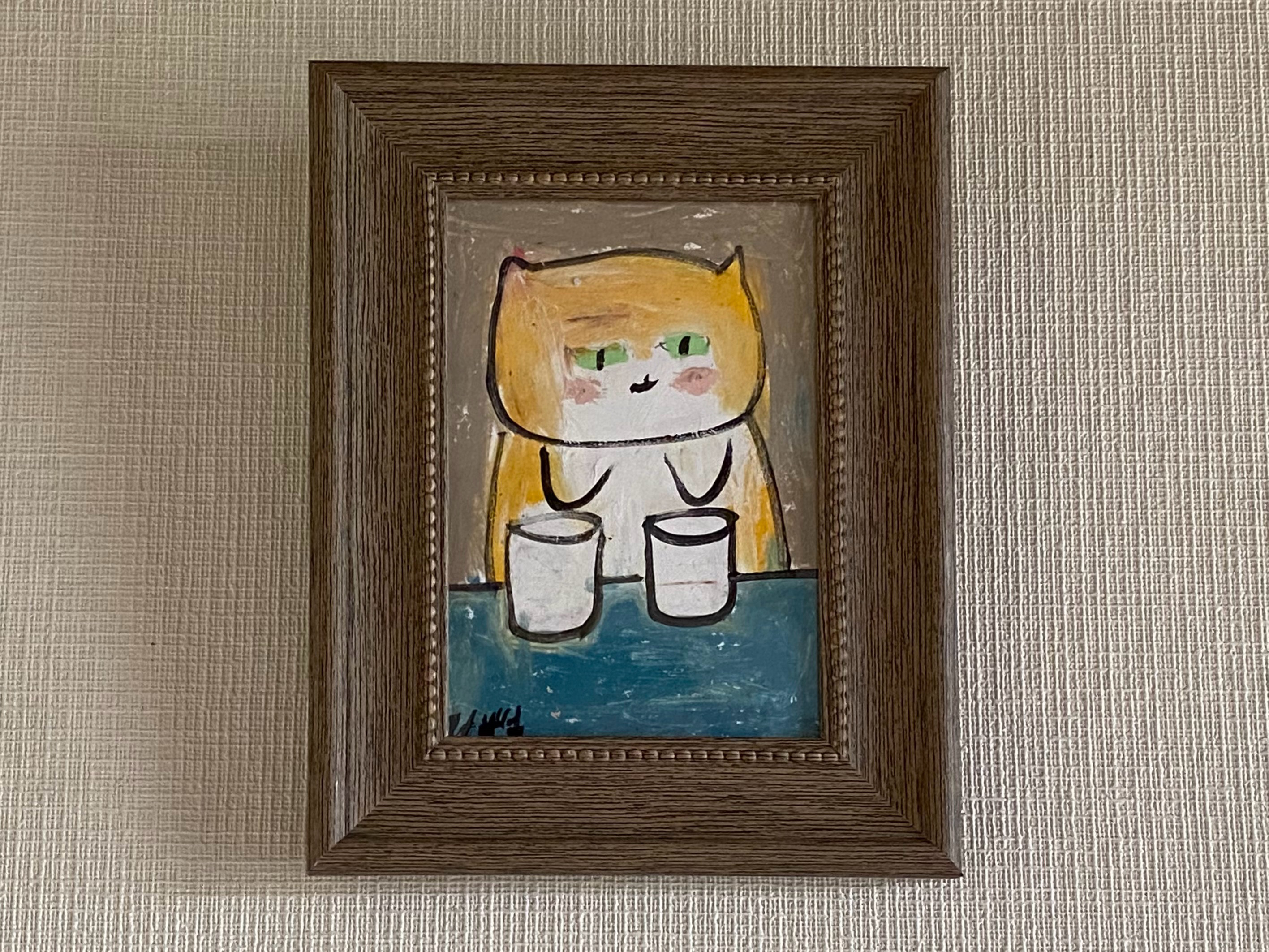 輝く高品質な 絵画。原画【かわいい橘猫はきれいなコップが好きです】 絵画