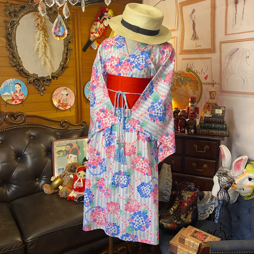 浴衣リメイクワンピースルビーとなりました♪ 和洋折衷 浴衣 リメイク ワンピース ドレス 帯サッシュベルト