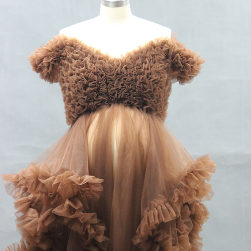 大人気！フリル コーヒー色 マタニティードレス 妊娠ブラウン/紫色  