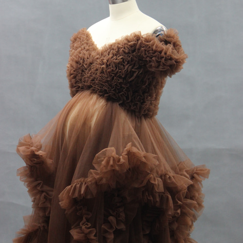 大人気！フリル コーヒー色 マタニティードレス 妊娠ブラウン/紫色  