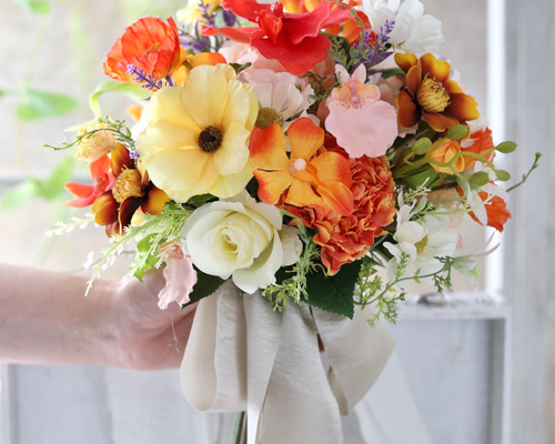 ウェディングブーケ　ブートニアセット　ビタミンカラー オレンジビタミン コスモスブーケ ウェディングブーケ ブートニア