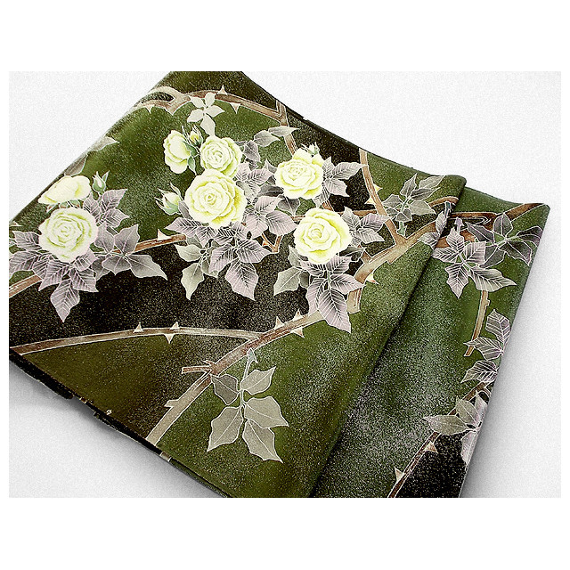 袋帯（白花蔓薔薇）（深緑色・黒色）