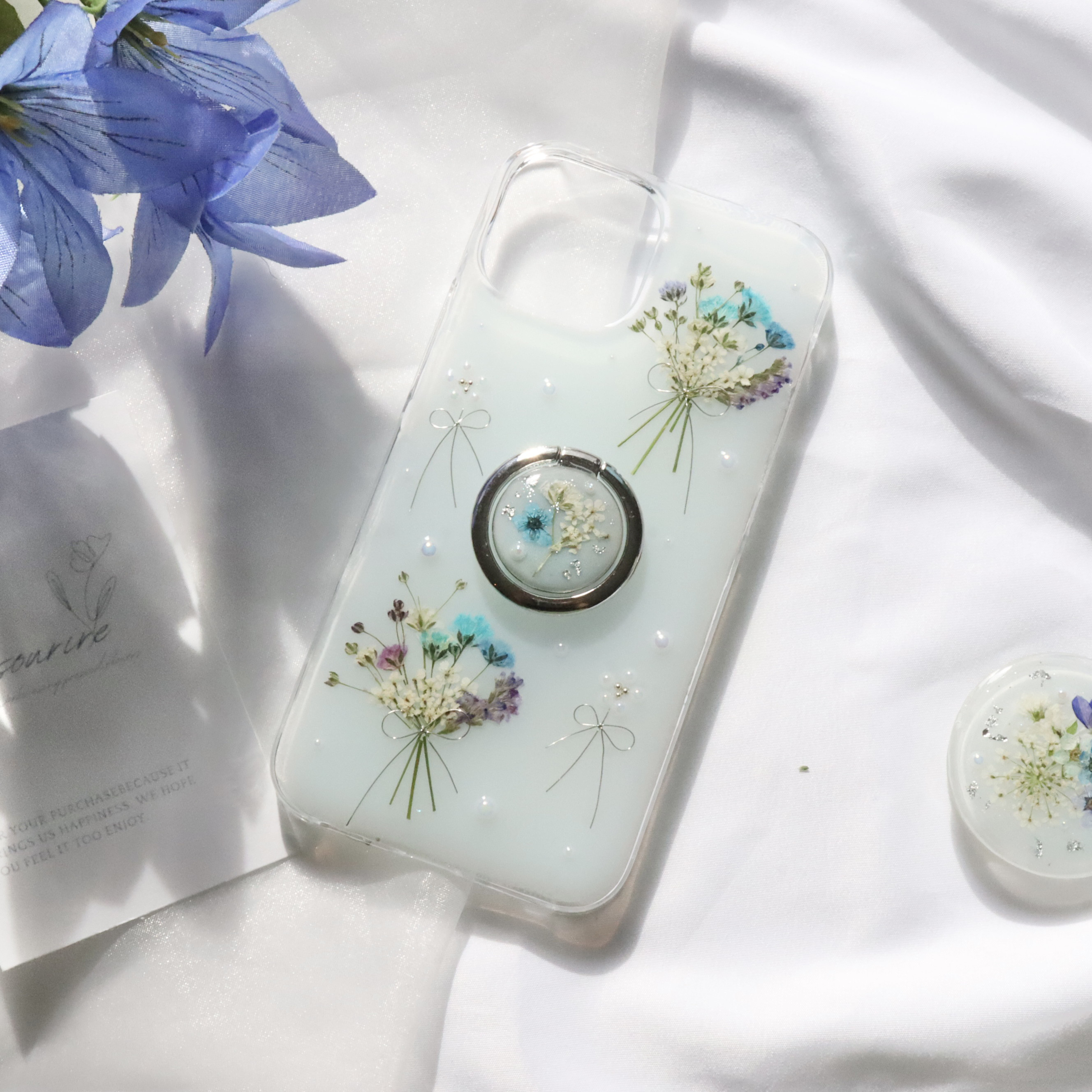 chiffonBlue リング付き 押し花スマホケース iPhone15 クリアケース 全機種 夏