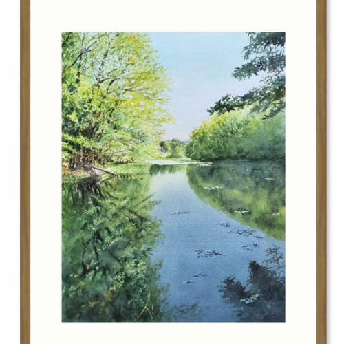 水彩画 風景画　新緑　皐月　若葉　自然の風景 癒し　木製フレーム 水彩画 風景画 新緑 皐月 若葉 自然の風景 癒し 木製フレーム