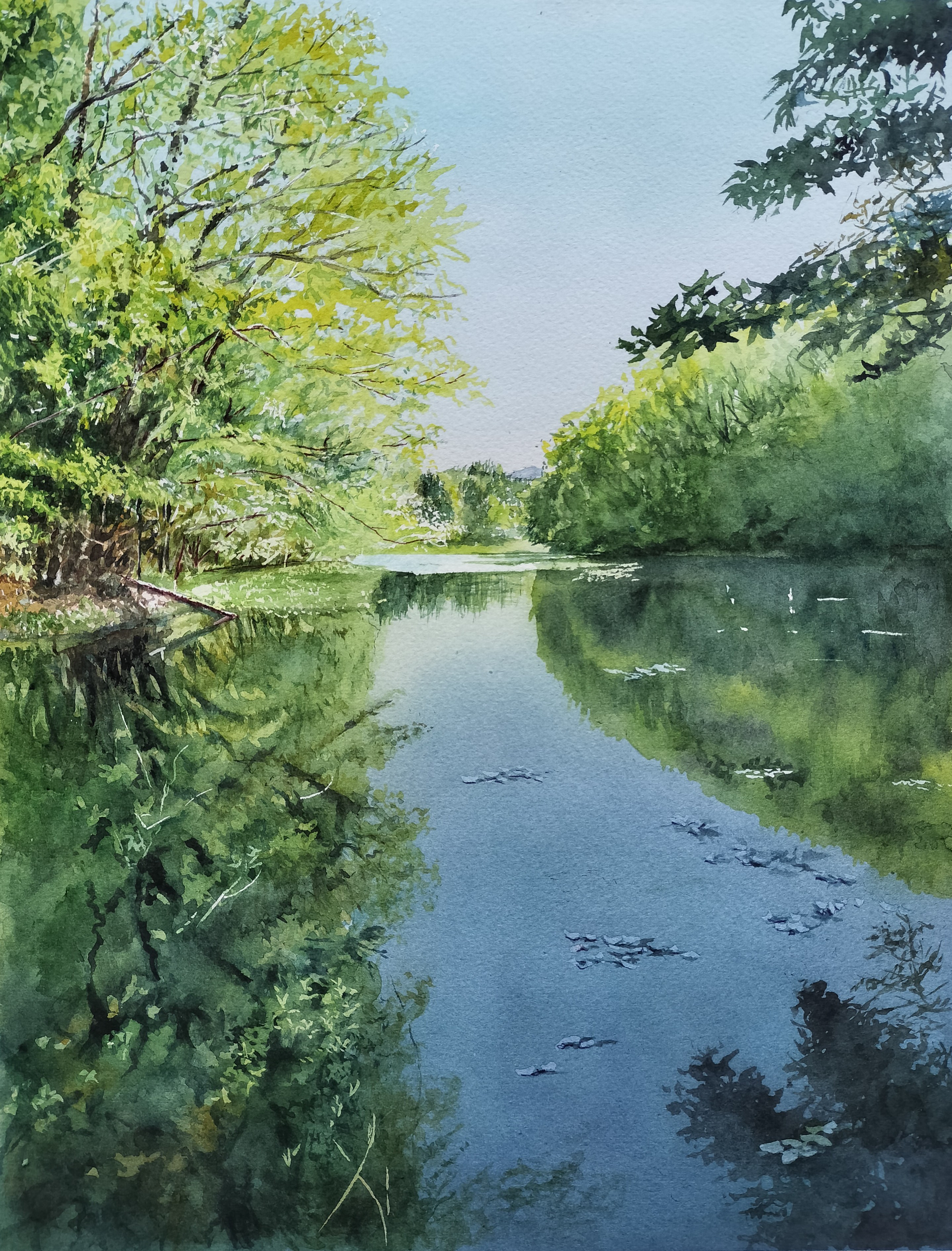 水彩画 風景画　新緑　皐月　若葉　自然の風景 癒し　木製フレーム 絵画 水彩画 風景画 画題「新緑を映す」 絵画 yamakasumi56 通販