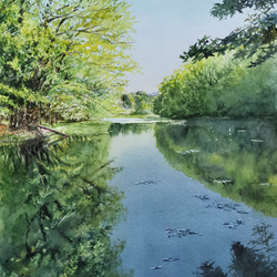 絵画 水彩画 風景画 画題 「晩秋の川景色」 絵画 yamakasumi56
