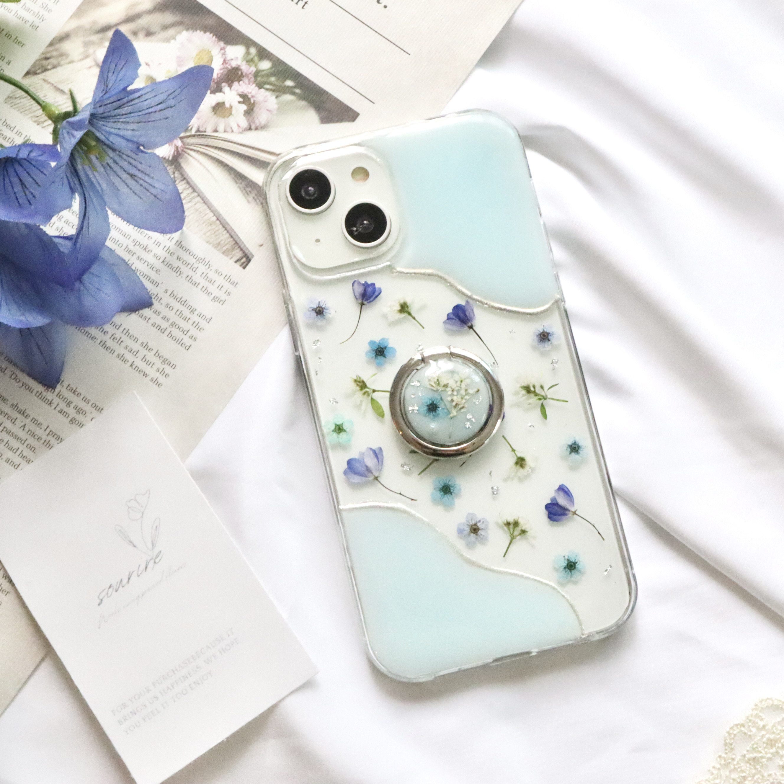 PureBlueリング付き 押し花スマホケース iPhone15 クリアケース 全機種 梅雨