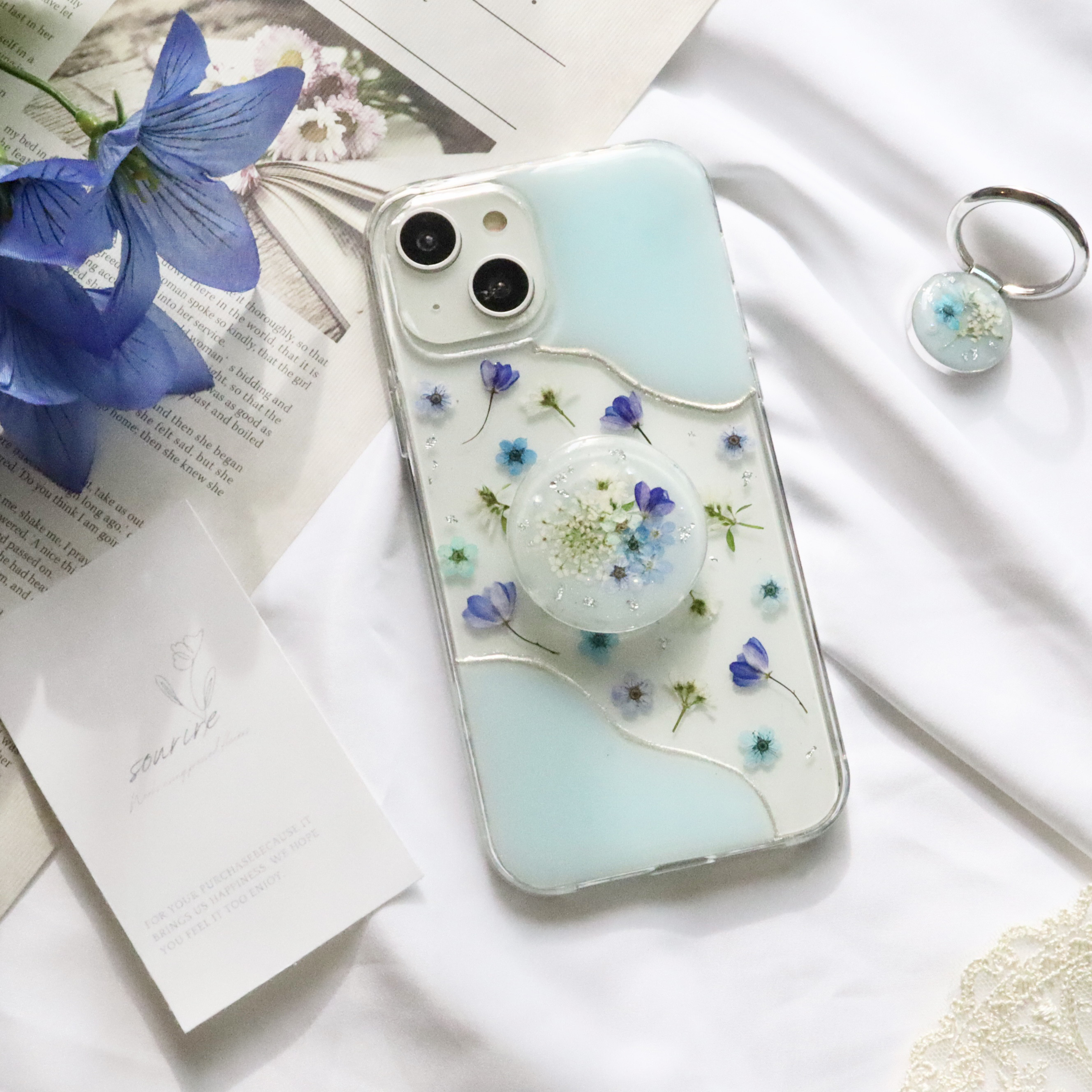 PureBlueスマホグリップ付き 押し花スマホケース  全機種 クリア iPhone15