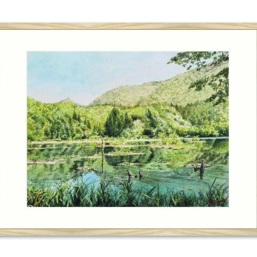 絵画 水彩画 風景画 画題「新緑の水面」 絵画 yamakasumi56 通販
