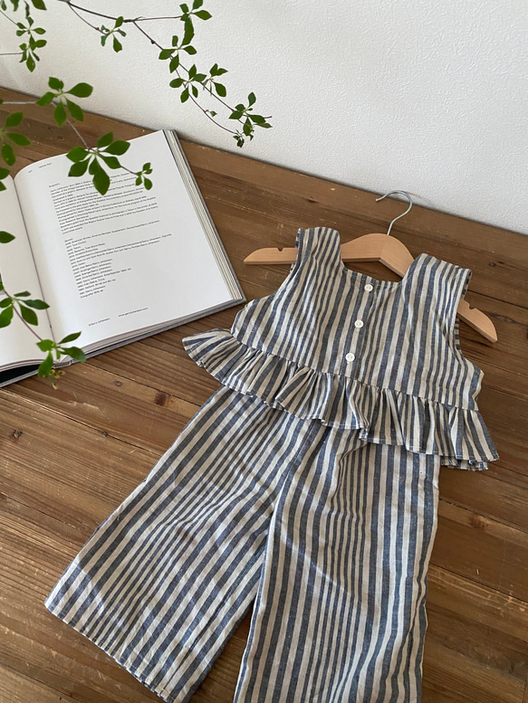 再販⭐︎2way綿麻ストライプ柄フリルブラウス ノースリーブブラウス　ベビー服　子供服　セットアップ　80 90 100 1枚目の画像