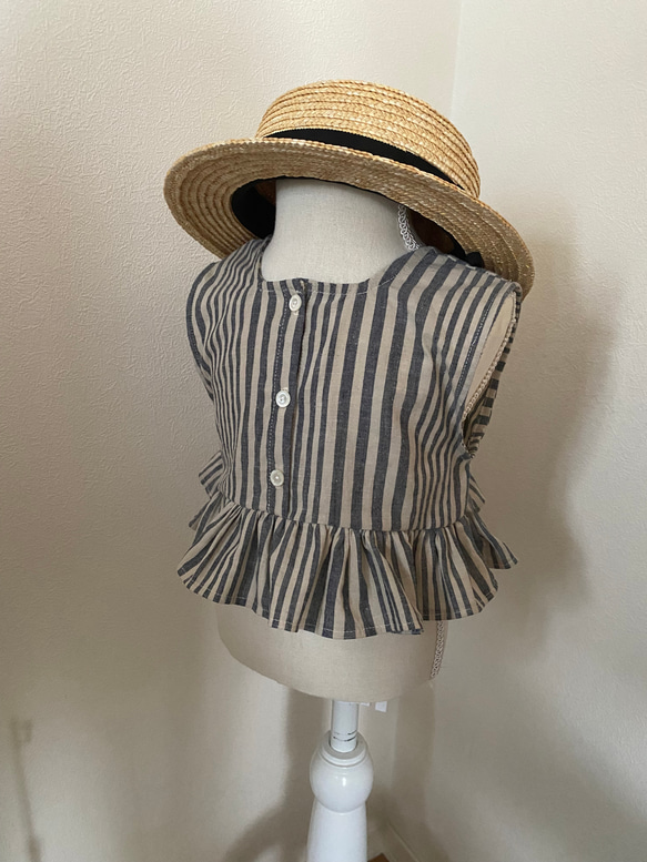 再販⭐︎2way綿麻ストライプ柄フリルブラウス ノースリーブブラウス　ベビー服　子供服　セットアップ　80 90 100 3枚目の画像