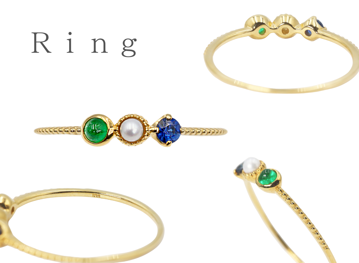いくえさま専用　宝石ルース　K18フルオーダー　リング#17 Kei.jewelry「trio」K18リング 3つの石を組み合わせて作る