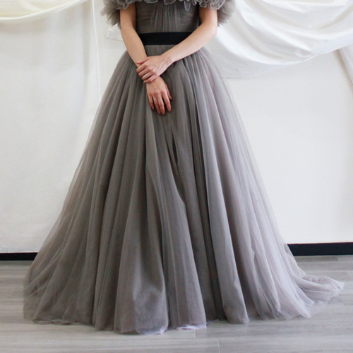 送料無料！カラードレス グレー サッシュベルト 取り外しオフ  