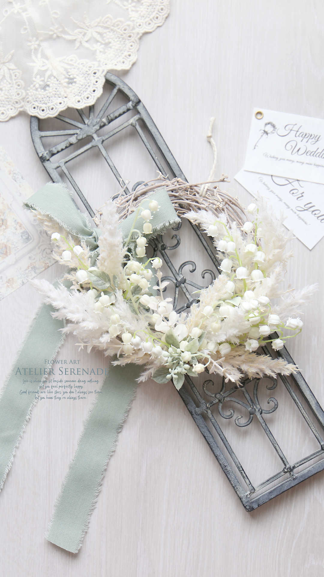 再販×2*幸せの花言葉 すずらんのナチュラルリース -Leaf Green & Sage Ribbon