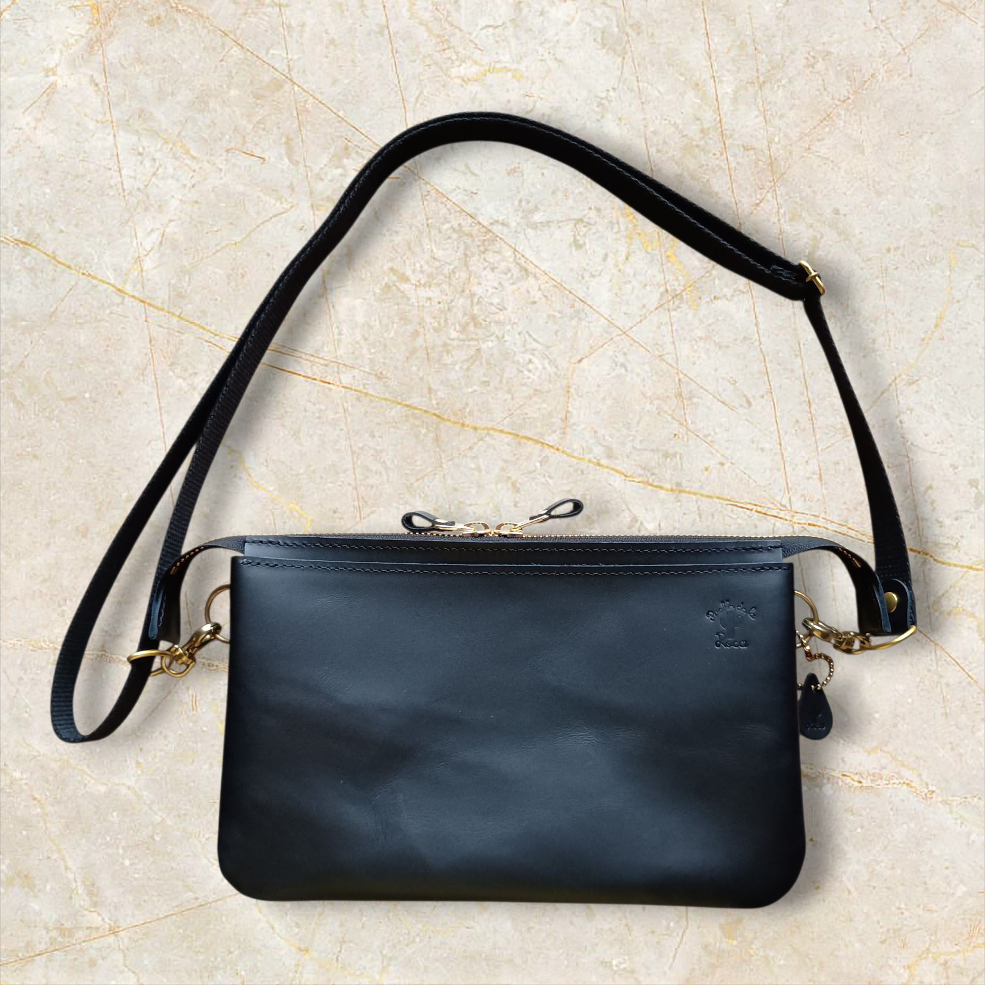 2way サコッシュバッグ 横型 ツインサコッシュ クラッチバッグ ブラック 黒 ス ダブルファスナー