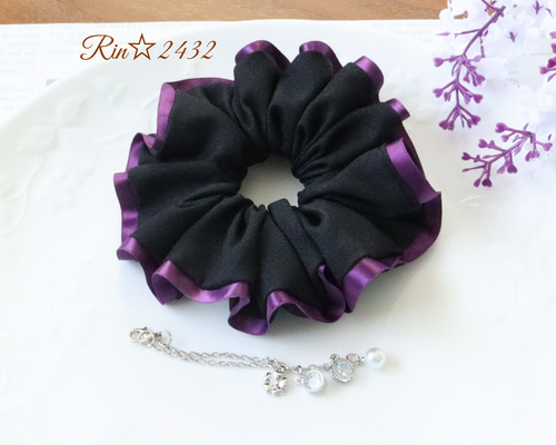 紫チェックのリボンシュシュ  ゴム入れ替え可能 紫チェックのリボンシュシュ ゴム入れ替え可能