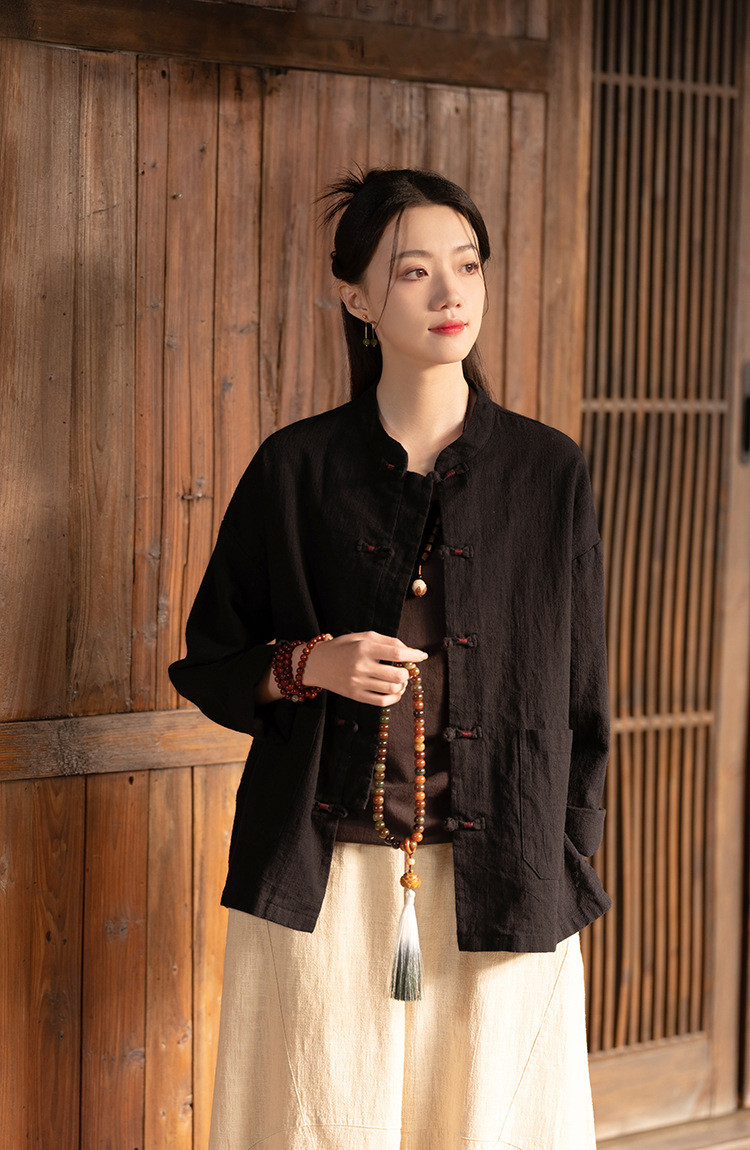 レディースレトロ立ち襟ツイストボタン綿麻シャツカーディガン8287