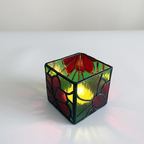 スワロフスキー カラフル葉デザインキャンドルホルダー Flowerシリーズ〜ステンドグラス キャンドルホルダー（クリアグリーン