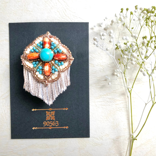 エスニック風 ターコイズ×ビーズ刺繍ポニーフック ポニーフック 