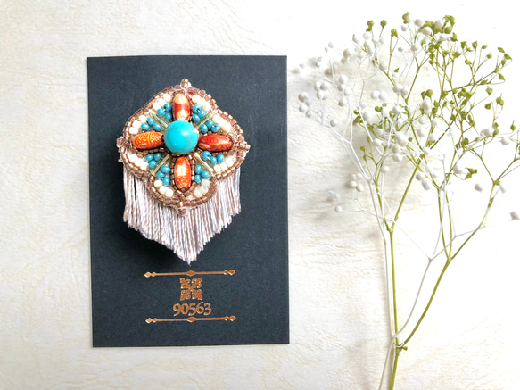 エスニック風 ターコイズ×ビーズ刺繍ポニーフック ポニーフック 