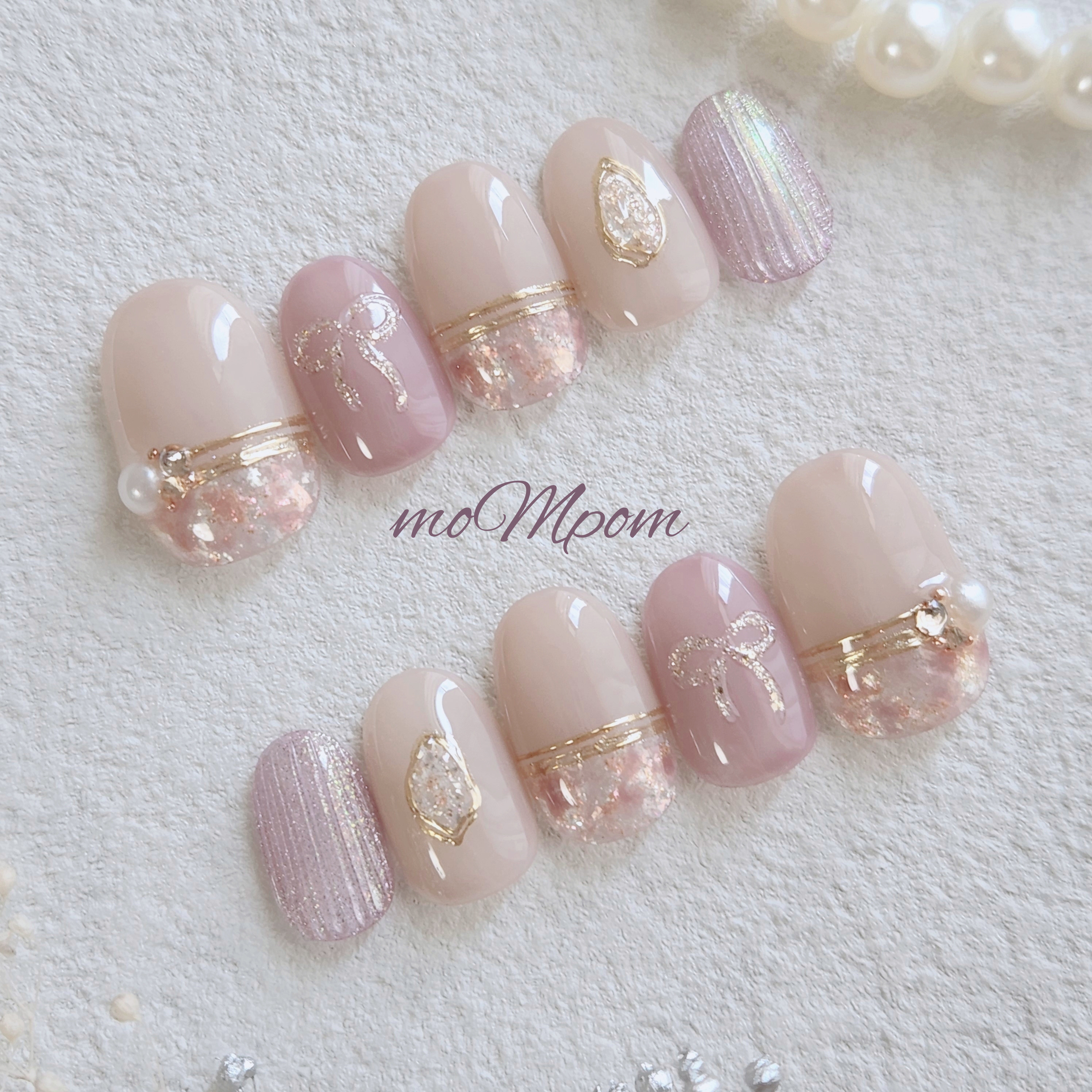 ネイルチップ　ピンク　ニュアンス　リボン　バカラ　お呼ばれ　上品