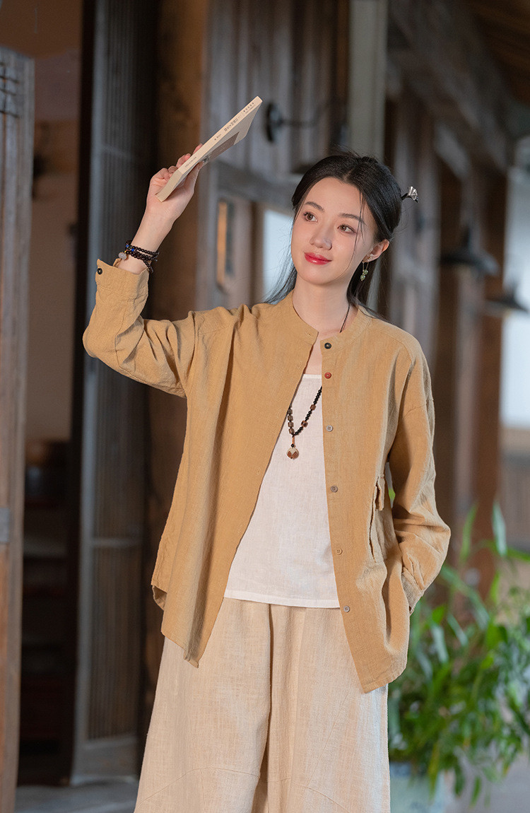 春夏新作レディースファッション・リネンコットン長袖Vネックブラウス・着回し可能なシンプルTシャツ