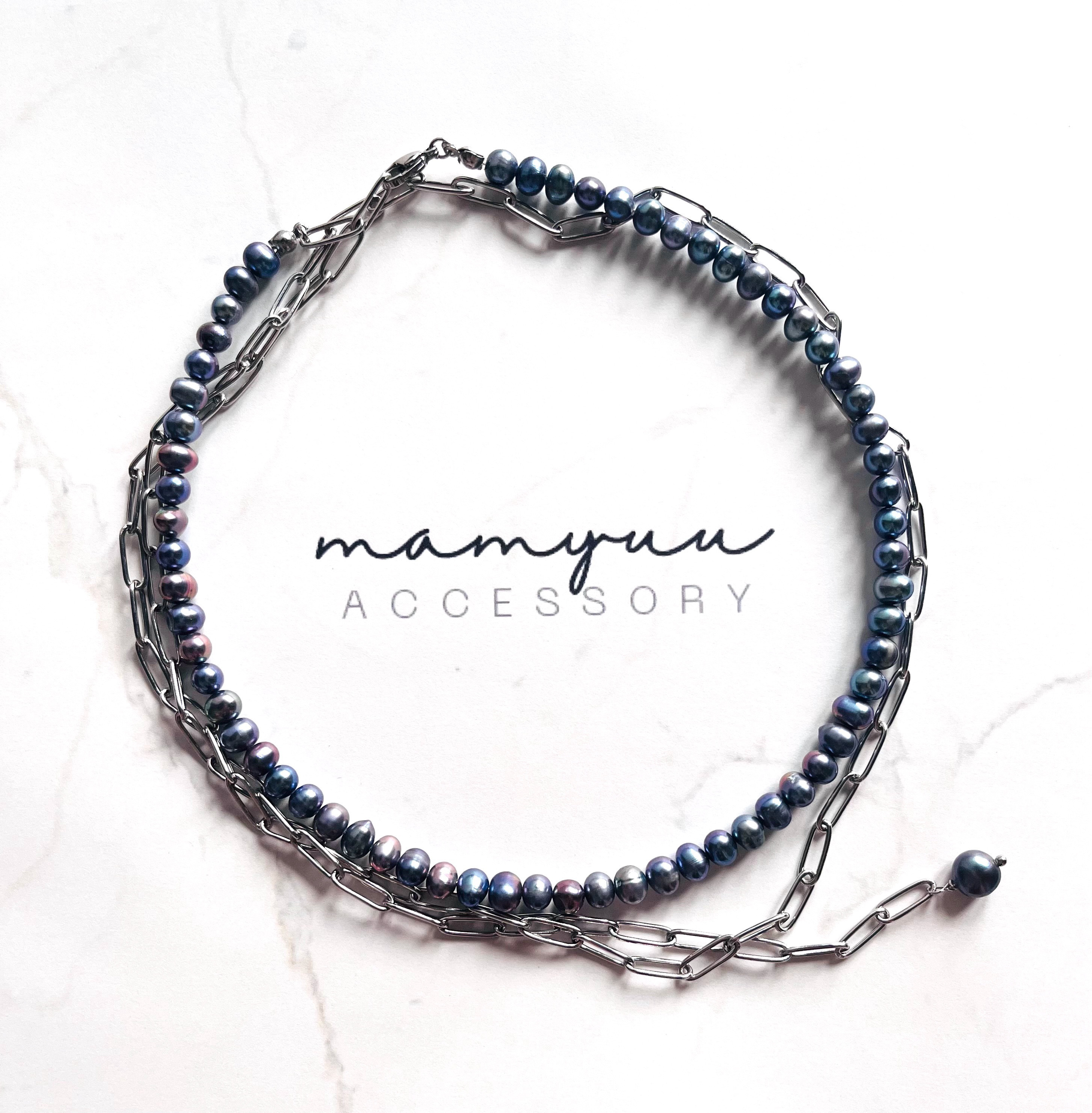 メタリックネイビー淡水パール＆チェーン マルチウェイロングネックレス 6,942円