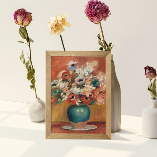 アートポスター オレンジ色の花瓶絵画☆夏ボタニカルアンティーク