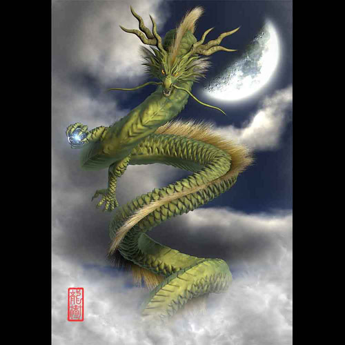 龍の絵「三日月と緑龍」自作A4 竜の絵 イラスト breeze 通販