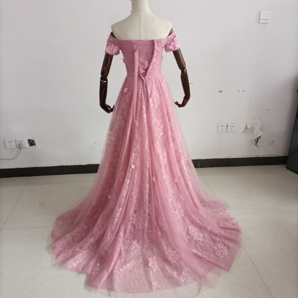 美品！パーティードレス ローズピンク オフショルダー 3D立体レース刺繍 抜群のおしゃれ見え 演奏会/音楽会 CM