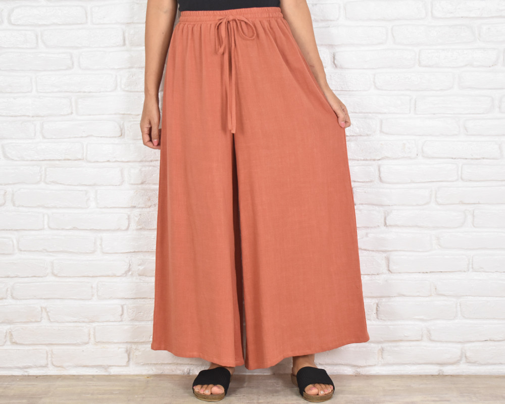 ヴィンテージ風リネン素材の大人のワイドパンツ　キュロットパンツ　ラストオレンジ 5,548円