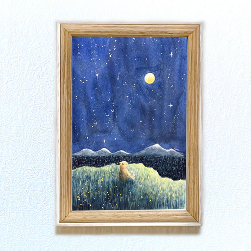 受注制作】月にいるきみ【子熊とうさぎ】 絵画 kuro 通販